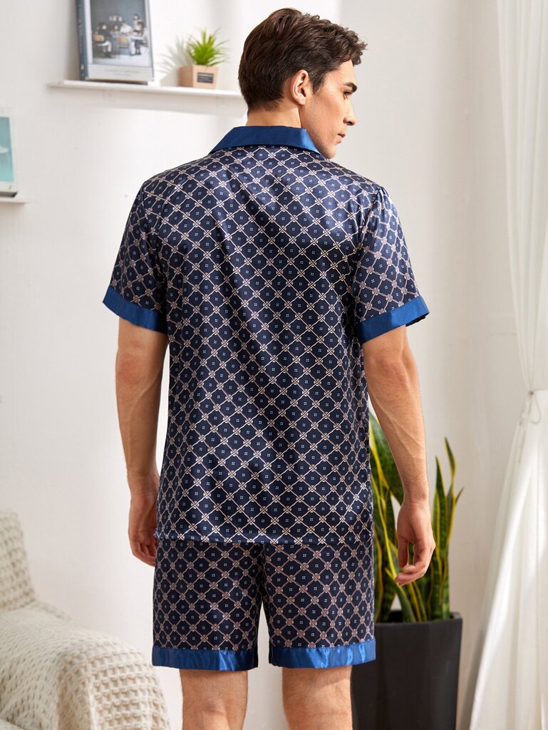 Miesten Allover Print Satin PJ Set · Navy Blue · XL hinta ja tiedot | Naamiaisasut | hobbyhall.fi