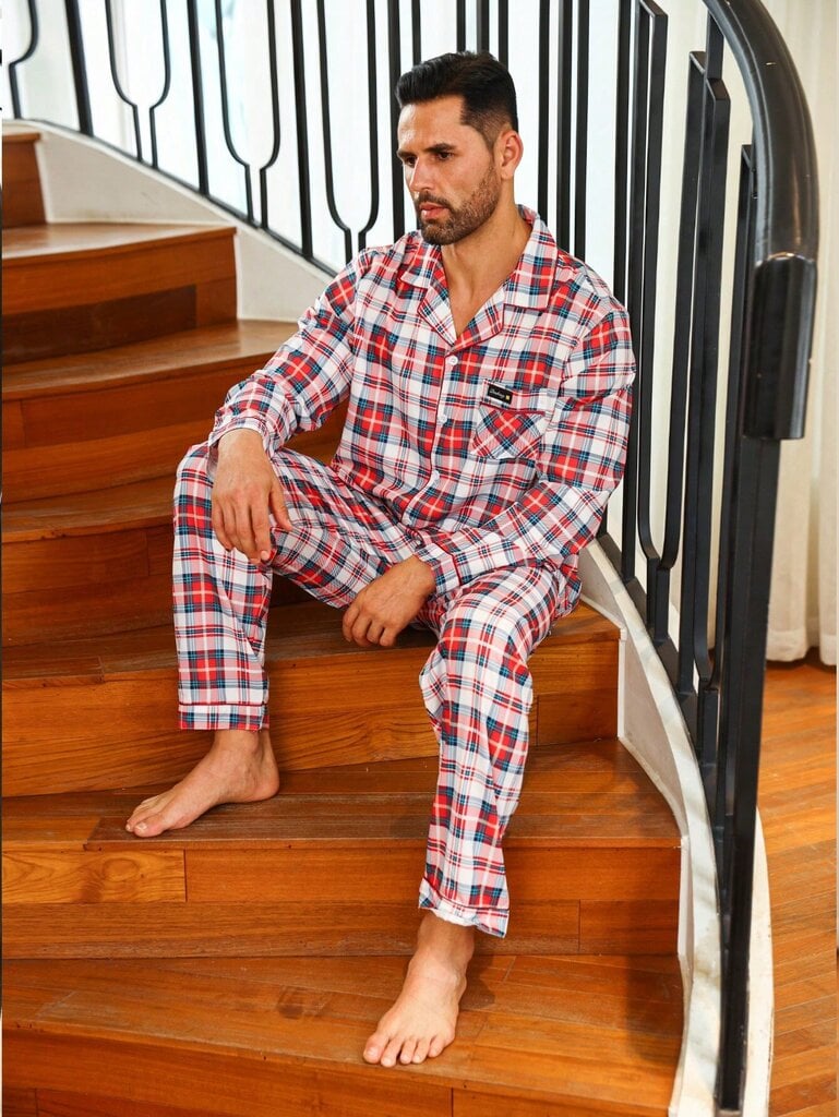 Miesten Plaid Print PJ Set·Burgundy·S hinta ja tiedot | Naamiaisasut | hobbyhall.fi