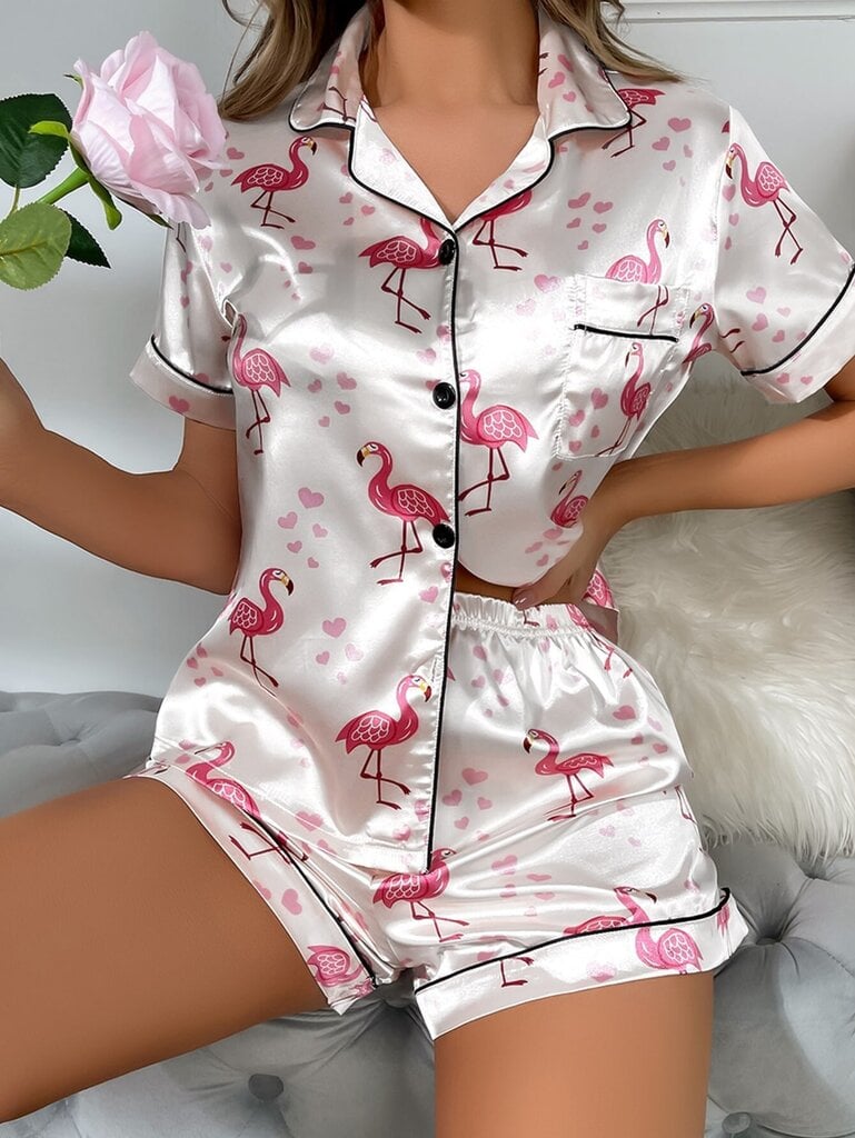 Flamingo & Heart Print Contrast Piping Satin PJ Set·White hinta ja tiedot | Naamiaisasut | hobbyhall.fi