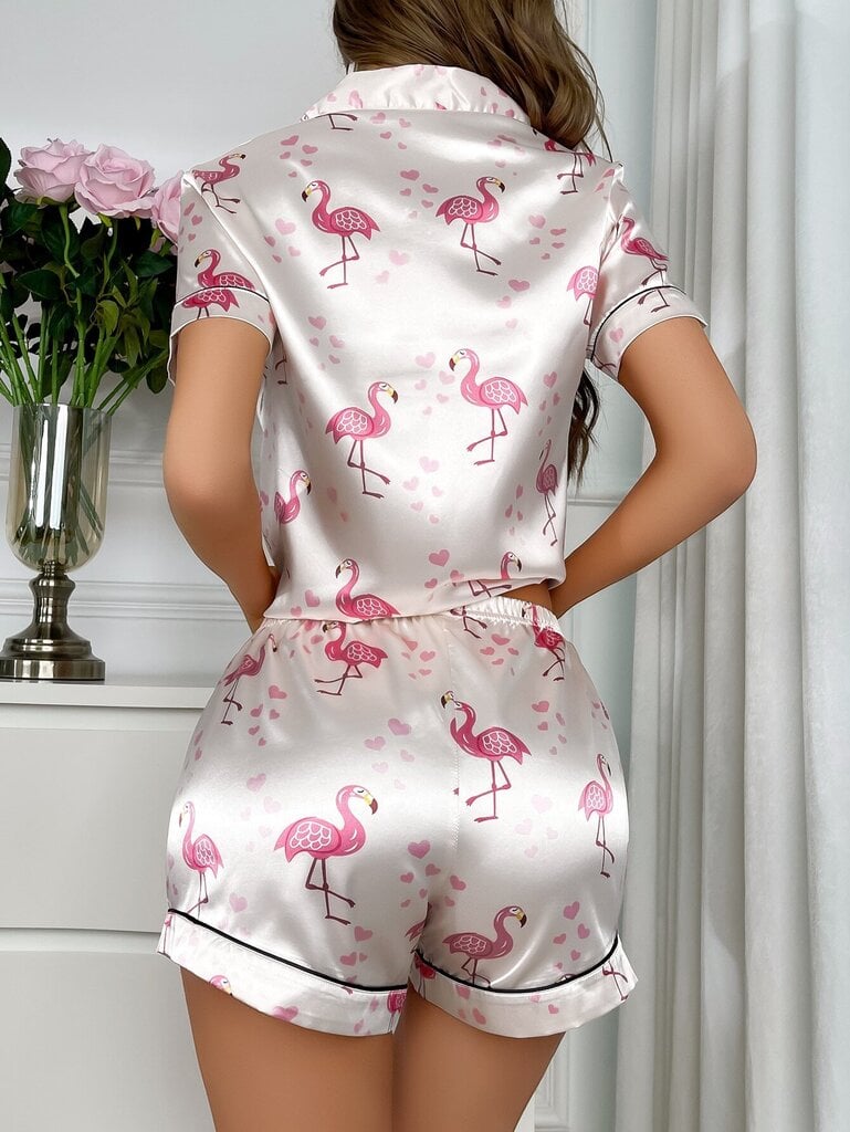 Flamingo & Heart Print Contrast Piping Satin PJ Set·White hinta ja tiedot | Naamiaisasut | hobbyhall.fi