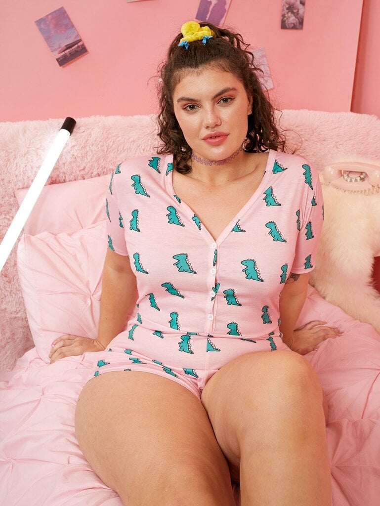 Plus Allover Dinosaur Print Pyjama-housu · Vauvanvaaleanpunainen · 1XL hinta ja tiedot | Naamiaisasut | hobbyhall.fi