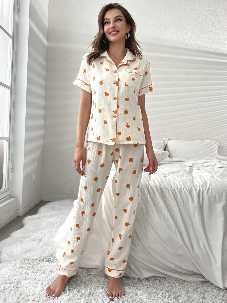 Cherry Print Contrast Piping Pusero & Pants PJ Set·Beige hinta ja tiedot | Naamiaisasut | hobbyhall.fi