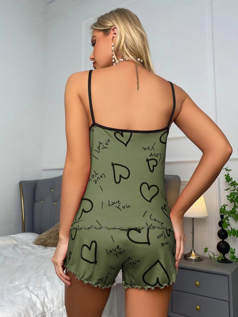 Slogan & Heart Print Contrast Binding Salaatti Trim PJ Set·Army Green hinta ja tiedot | Naamiaisasut | hobbyhall.fi