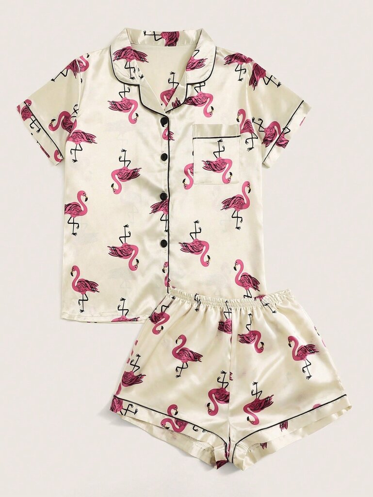 Flamingo Print Satin Pyjama Set·Beige hinta ja tiedot | Naamiaisasut | hobbyhall.fi