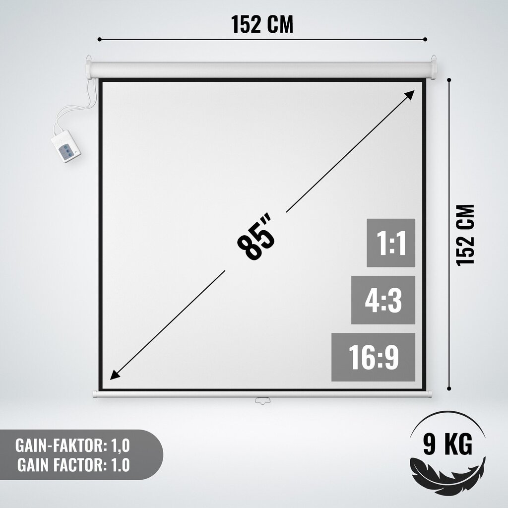 Projektorin moottoroitu näyttö - HDTV, 8K, taittuva, sisältää kaukosäätimen - projektorikangas (152x152 cm), "HB". hinta ja tiedot | Valkokankaat | hobbyhall.fi