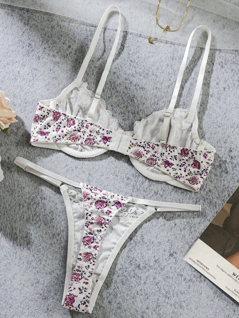 Kukkakuvioinen Contrast Lace Underwire Alusvaatteet Set·Multicolor·S hinta ja tiedot | Naisten aluspaidat | hobbyhall.fi