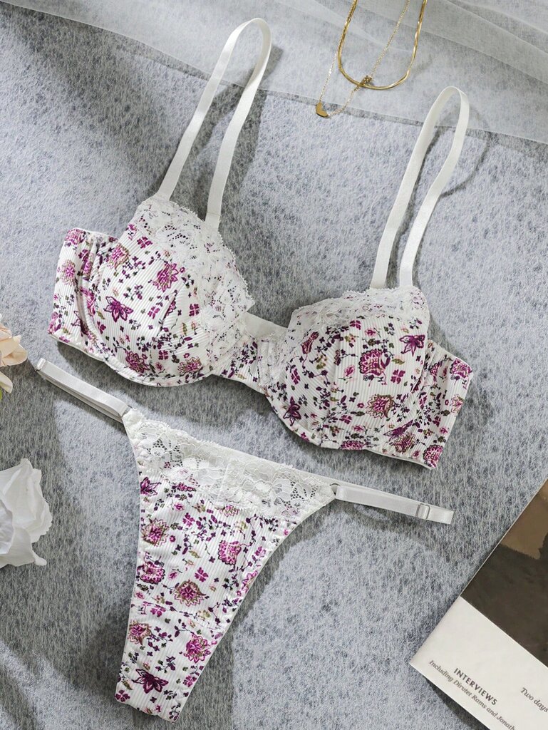 Kukkakuvioinen Contrast Lace Underwire Alusvaatteet Set·Multicolor·S hinta ja tiedot | Naisten aluspaidat | hobbyhall.fi