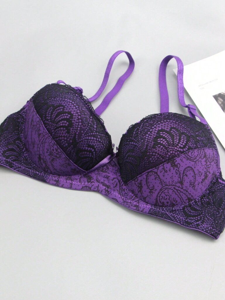 Ranskalaistyylinen värillinen lohkopitsi Patchwork Peasleeves kukkaprintti Sexy Bra·Purppura·75D hinta ja tiedot | Naisten aluspaidat | hobbyhall.fi