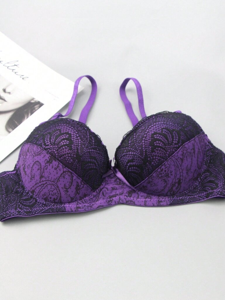 Ranskalaistyylinen värillinen lohkopitsi Patchwork Peasleeves kukkaprintti Sexy Bra·Purppura·75D hinta ja tiedot | Naisten aluspaidat | hobbyhall.fi