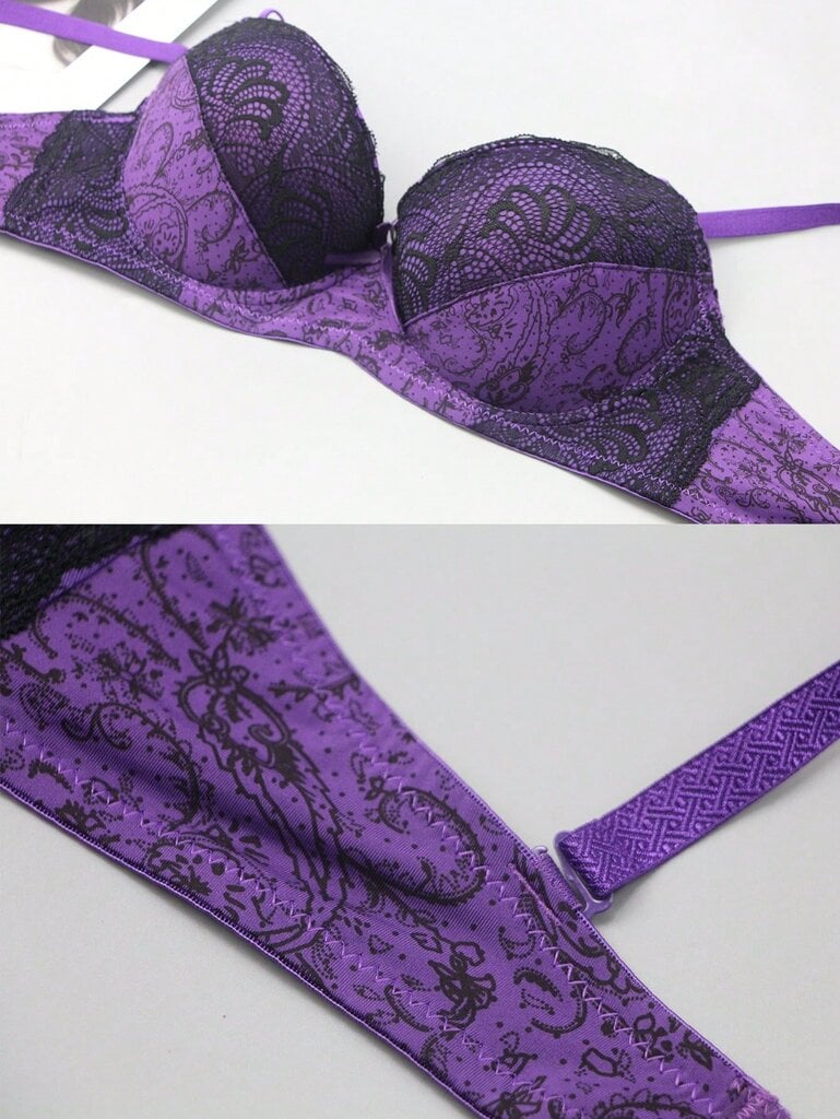 Ranskalaistyylinen värillinen lohkopitsi Patchwork Peasleeves kukkaprintti Sexy Bra·Purppura·75D hinta ja tiedot | Naisten aluspaidat | hobbyhall.fi