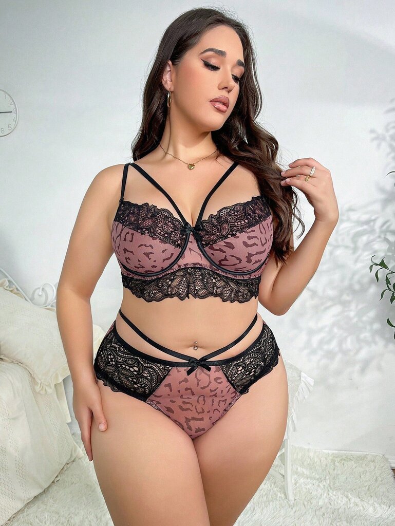 Plus Contrast Lace Underwire Alusvaatteet Set · Monivärinen · 4XL hinta ja tiedot | Naisten aluspaidat | hobbyhall.fi