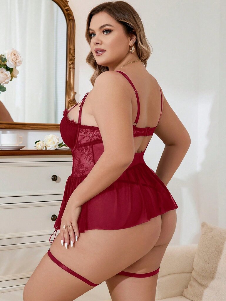 Klassinen Sexy Plus kukkapitsi Underwire sukkanauha alusasusetti·Burgundy·1XL hinta ja tiedot | Naisten aluspaidat | hobbyhall.fi