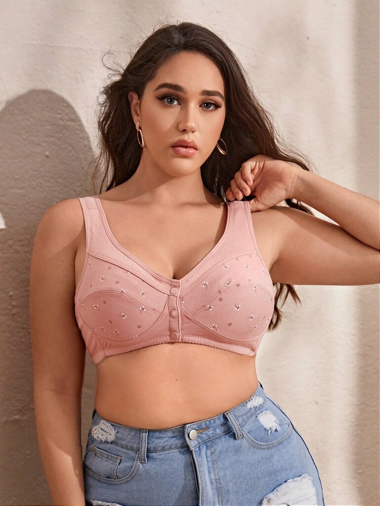 Plus kukkaprinttipainike edessä Bra·Coral Pink·4XL hinta ja tiedot | Naisten aluspaidat | hobbyhall.fi