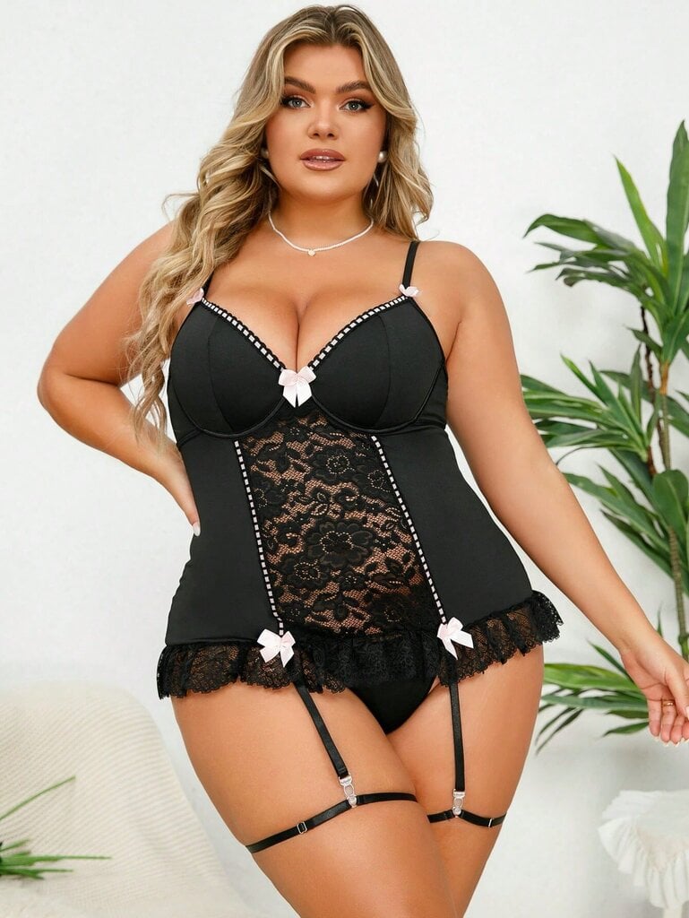 Plus Contrast Lace Bow Edessä sukkanauha Bustier Set·Musta·2XL hinta ja tiedot | Naisten aluspaidat | hobbyhall.fi