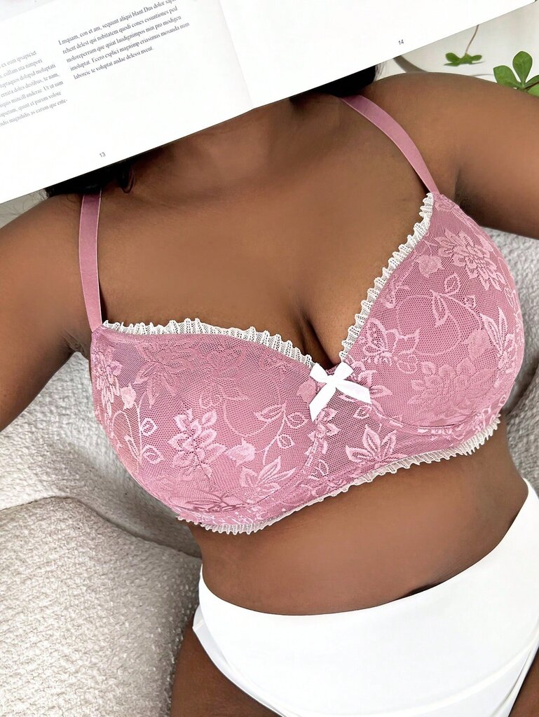 Plus kukkainen pitsirusetti edessä Underwire Bra·Dusty Pink·90C hinta ja tiedot | Naisten aluspaidat | hobbyhall.fi