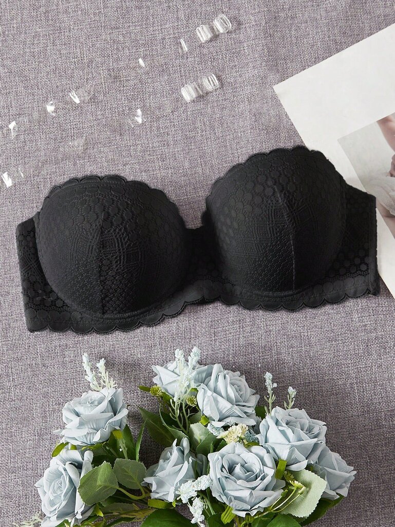 Plus Contrast Lace Scallop Trim Bra·Musta·85C hinta ja tiedot | Naisten aluspaidat | hobbyhall.fi