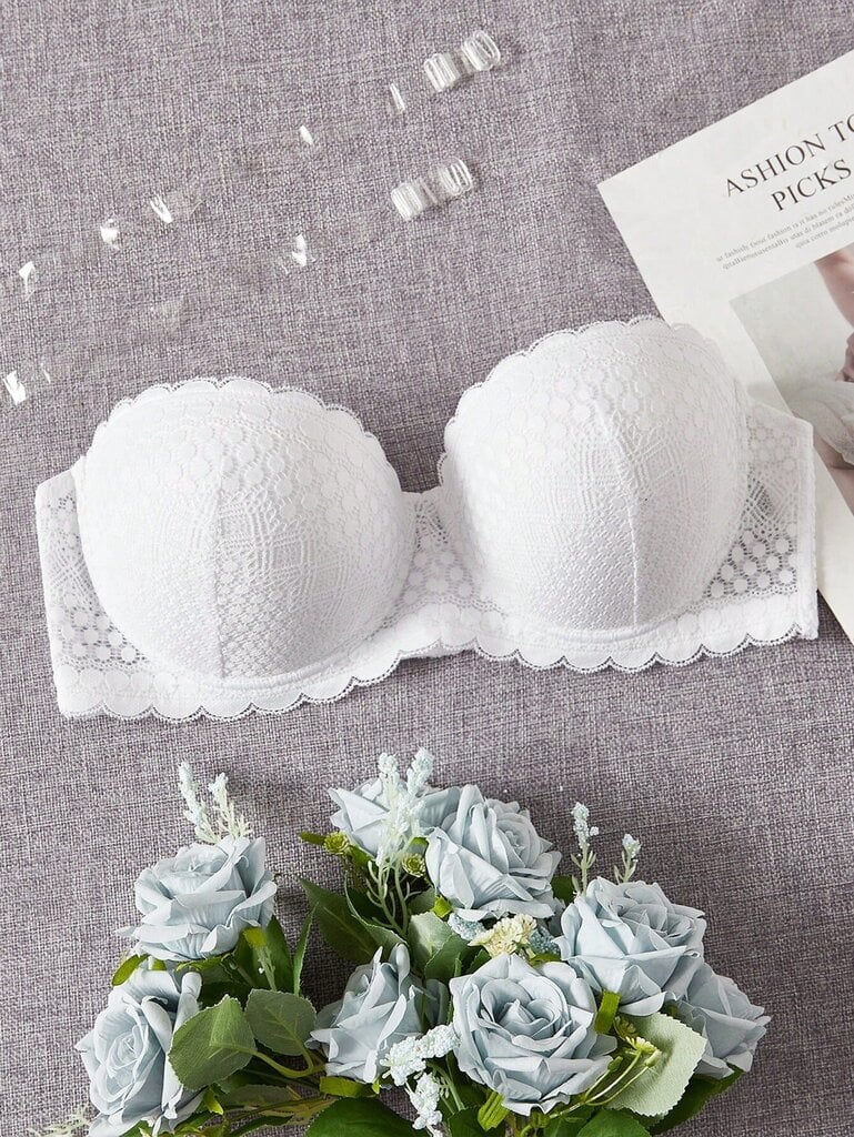 Plus Contrast Lace Scallop Trim Bra·White·105D hinta ja tiedot | Naisten aluspaidat | hobbyhall.fi