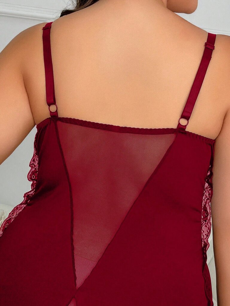 Klassinen Sexy Plus Contrast Pitsi, Ruched Mesh Underwire Slips·Burgundy·4XL hinta ja tiedot | Naisten aluspaidat | hobbyhall.fi