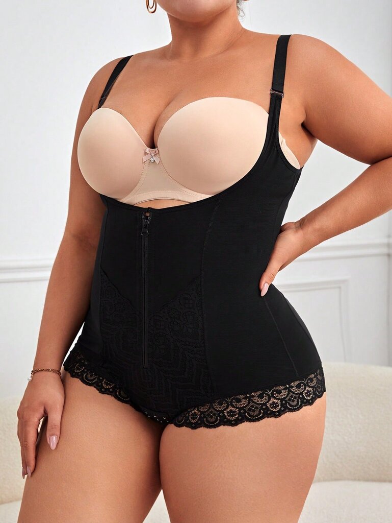 Plus Contrast Lace Hook And Eye Shapewear Bodysuit·Musta·3XL hinta ja tiedot | Naisten aluspaidat | hobbyhall.fi