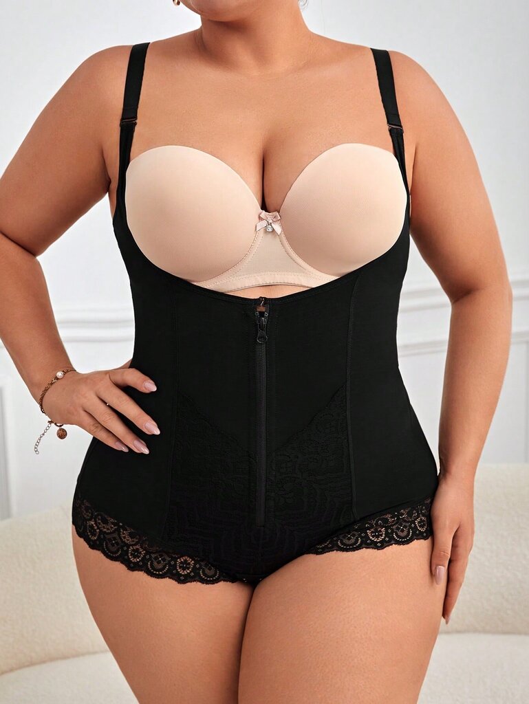 Plus Contrast Lace Hook And Eye Shapewear Bodysuit·Musta·3XL hinta ja tiedot | Naisten aluspaidat | hobbyhall.fi