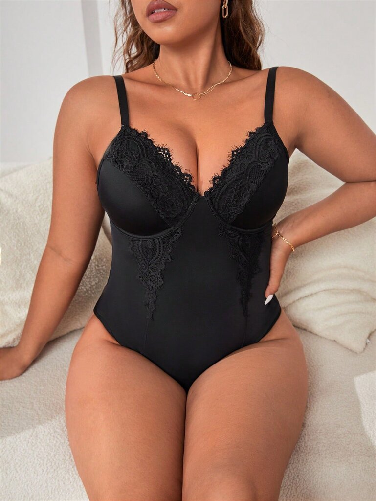 Plus Contrast Lace Shapewear Bodysuit·Musta·2XL hinta ja tiedot | Naisten aluspaidat | hobbyhall.fi