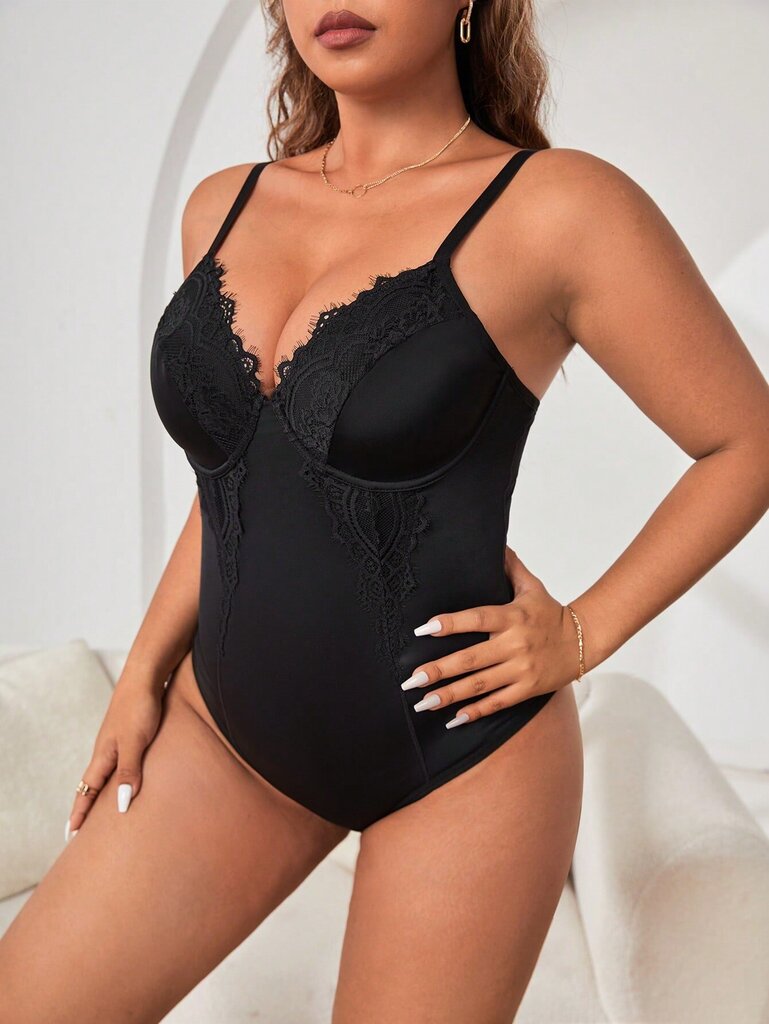 Plus Contrast Lace Shapewear Bodysuit·Musta·2XL hinta ja tiedot | Naisten aluspaidat | hobbyhall.fi