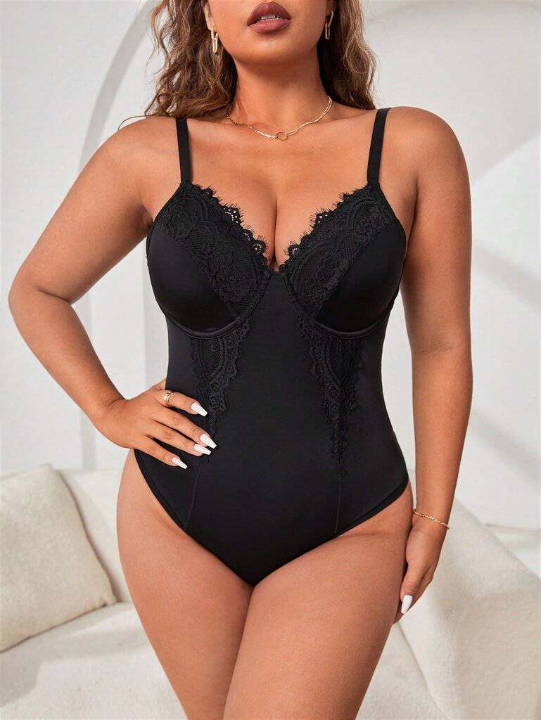 Plus Contrast Lace Shapewear Bodysuit·Musta·2XL hinta ja tiedot | Naisten aluspaidat | hobbyhall.fi