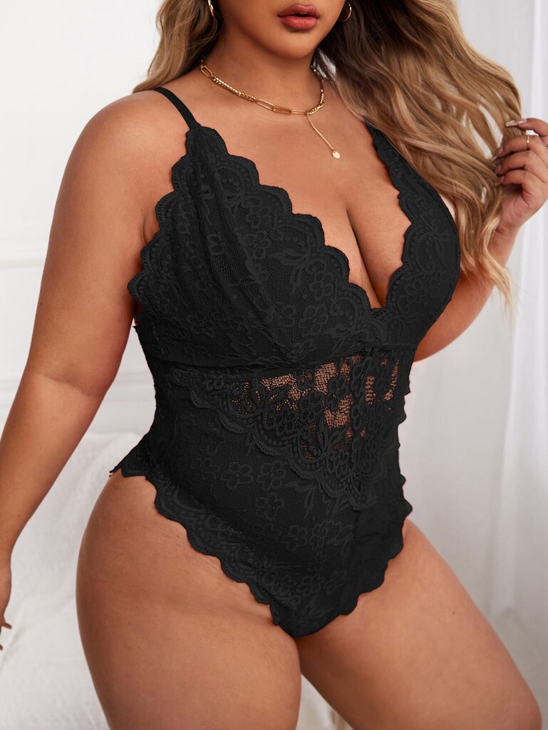 Klassinen Sexy Plus kukkapitsi Scallop Trim Cross Back Teddy Bodysuit·Musta·2XL hinta ja tiedot | Naisten aluspaidat | hobbyhall.fi