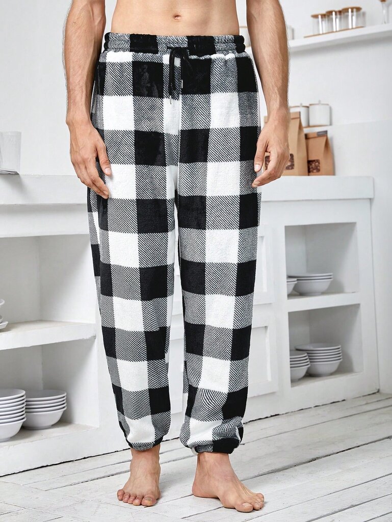 Miesten Buffalo Plaid Print Kiristysnyöri vyötäröllä Teddy Pyjama housut · Mustavalkoinen · M hinta ja tiedot | Miesten kylpytakit ja pyjamat | hobbyhall.fi