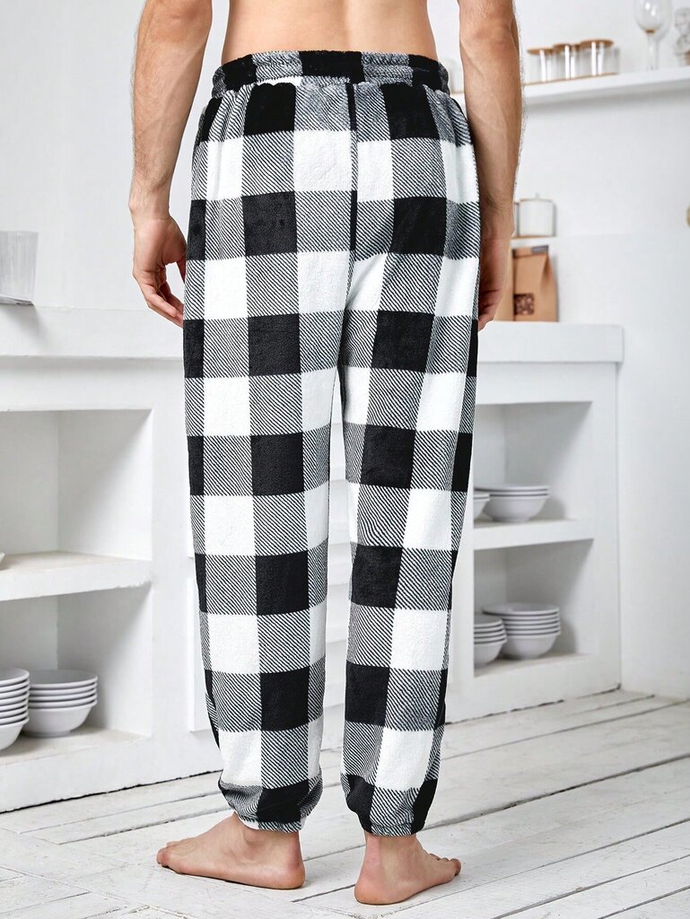 Miesten Buffalo Plaid Print Kiristysnyöri vyötäröllä Teddy Pyjama housut · Mustavalkoinen · M hinta ja tiedot | Miesten kylpytakit ja pyjamat | hobbyhall.fi