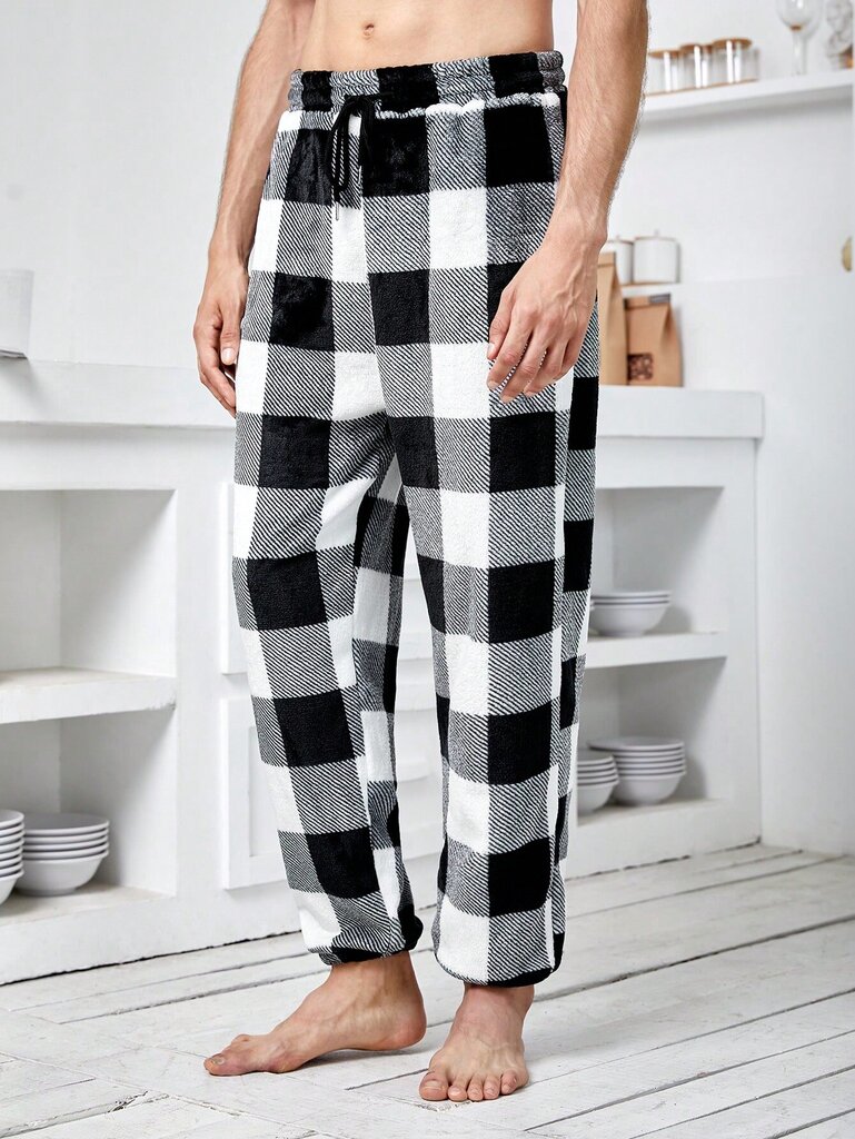 Miesten Buffalo Plaid Print Kiristysnyöri vyötäröllä Teddy Pyjama housut · Mustavalkoinen · M hinta ja tiedot | Miesten kylpytakit ja pyjamat | hobbyhall.fi