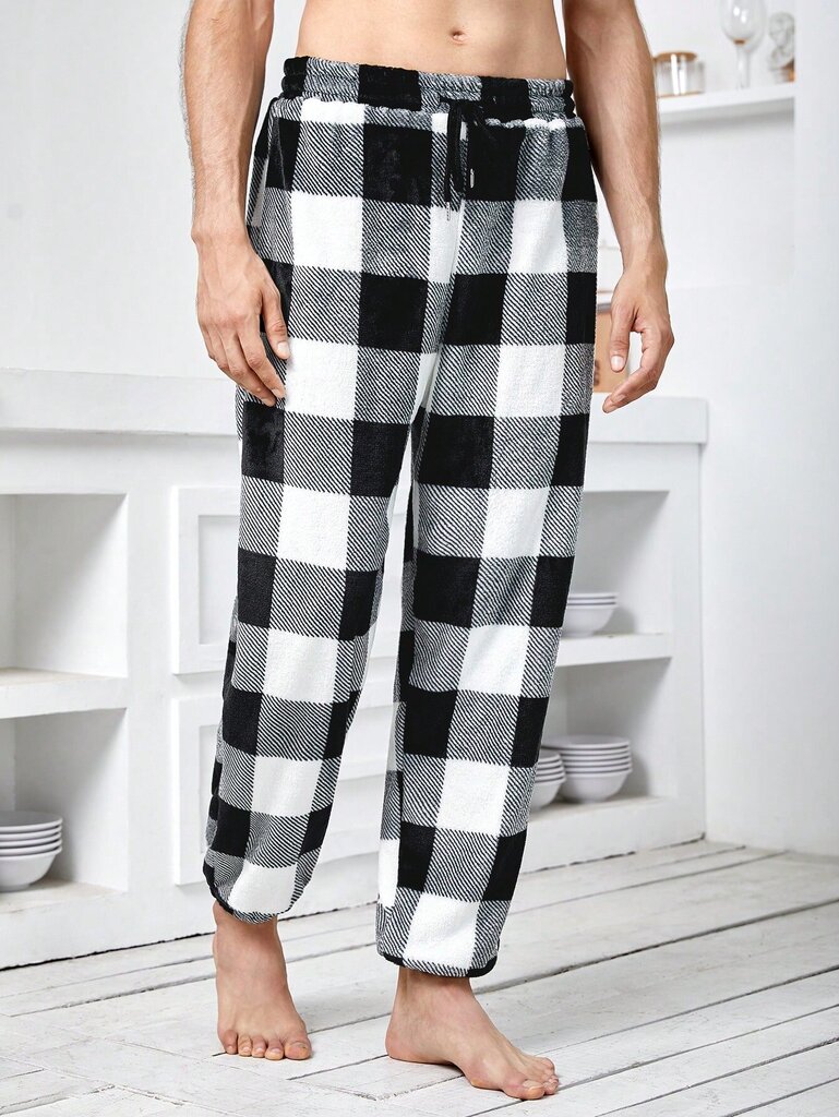 Miesten Buffalo Plaid Print Kiristysnyöri vyötäröllä Teddy Pyjama housut · Mustavalkoinen · M hinta ja tiedot | Miesten kylpytakit ja pyjamat | hobbyhall.fi