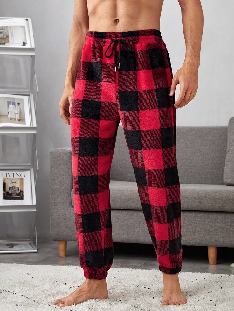 Miesten Buffalo Plaid Print Kiristysnyöri vyötäröllä Teddy Pyjamahousut·Multicolor·S hinta ja tiedot | Miesten kylpytakit ja pyjamat | hobbyhall.fi