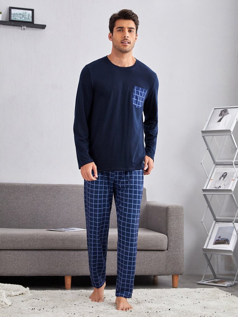 Miesten ikkunalasiprintti PJ Set·Navy Blue·M hinta ja tiedot | Miesten kylpytakit ja pyjamat | hobbyhall.fi