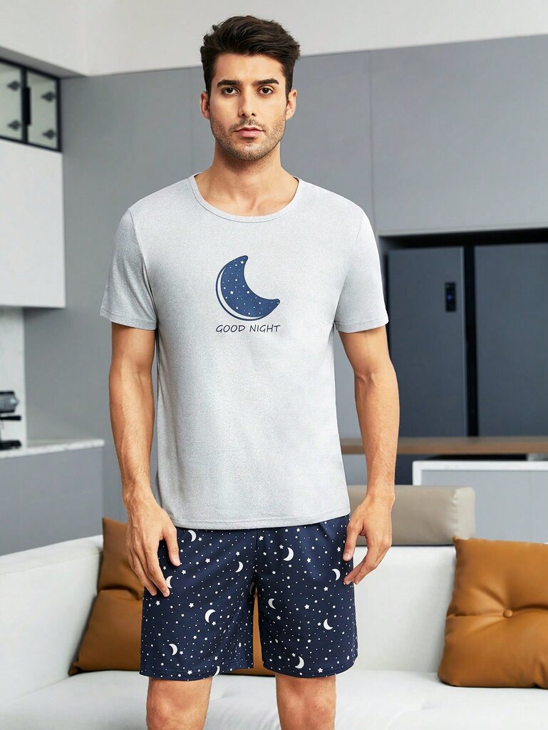 Miesten Moon & Slogan Graafinen T-paita & Galaxy Print Shortsit PJ Set·Multicolor·M hinta ja tiedot | Miesten kylpytakit ja pyjamat | hobbyhall.fi