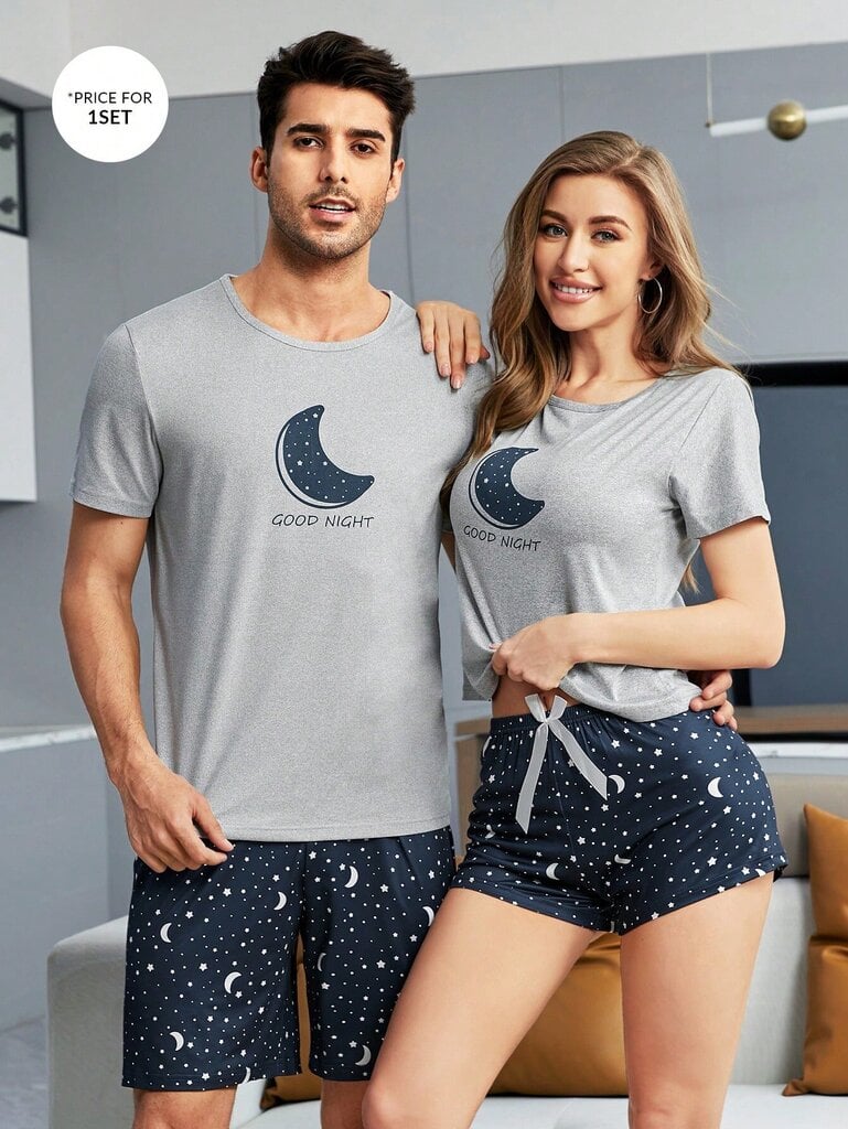 Miesten Moon & Slogan Graafinen T-paita & Galaxy Print Shortsit PJ Set·Multicolor·XXL hinta ja tiedot | Miesten kylpytakit ja pyjamat | hobbyhall.fi