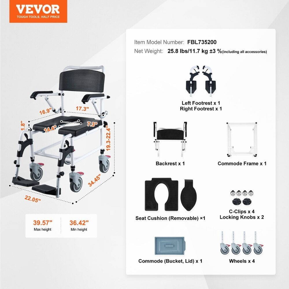 Suihku/wc-pyörätuoli pyörillä Vevor, 5L hinta ja tiedot | Kylpyhuoneen apuvälineet | hobbyhall.fi