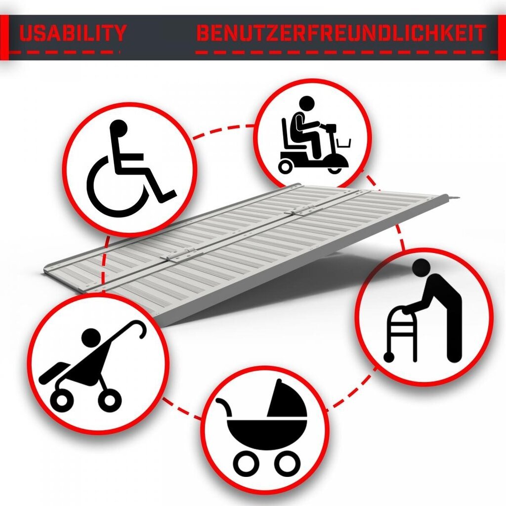 Pyörätuoliramppi - alumiininen, taittuva, kannettava, 270 kg - pyörätuoliramppi, kulkuramppi (90 cm), "HB". hinta ja tiedot | Kylpyhuoneen apuvälineet | hobbyhall.fi