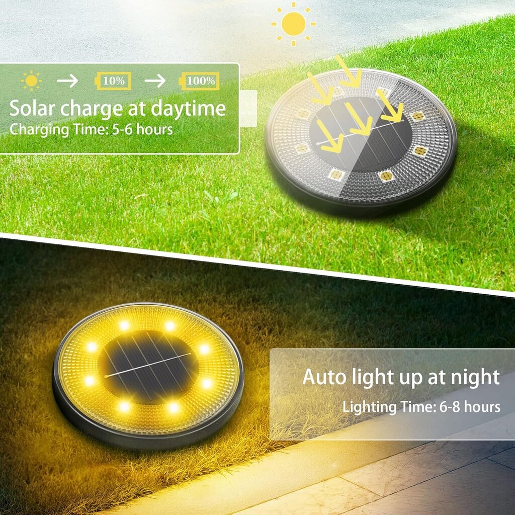 Solar Floor Light 8 LED Garden Light 6000K, Outdoor Solar Floor Light IP68 Waterproof, Solar Garden Light (4kpl, Cool White) hinta ja tiedot | Lastenhuoneen valaisimet | hobbyhall.fi