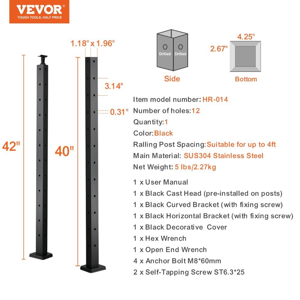 VEVOR kaidepylväs, 106,68x2,54x5,08 cm, 1 kpl hinta ja tiedot | Portaat | hobbyhall.fi