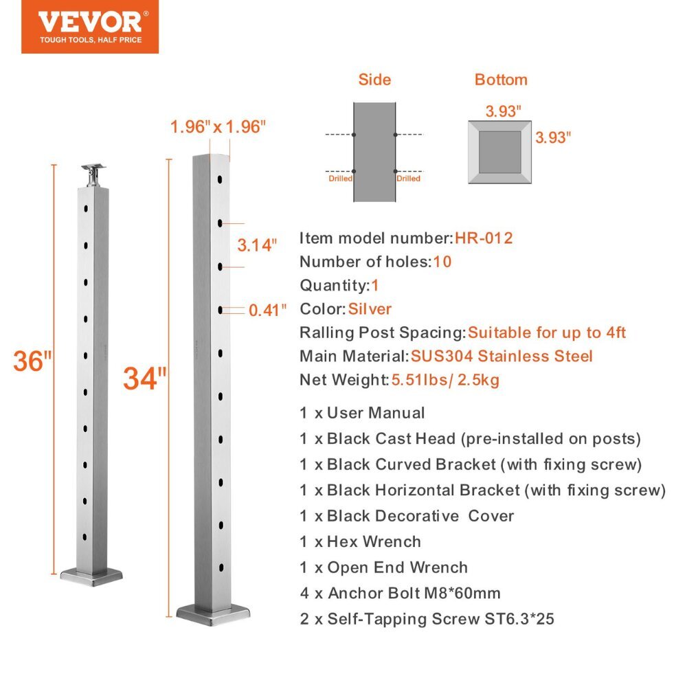 VEVOR kaidepylväs, 91,44x5,08x5,08 cm, 1 kpl hinta ja tiedot | Portaat | hobbyhall.fi