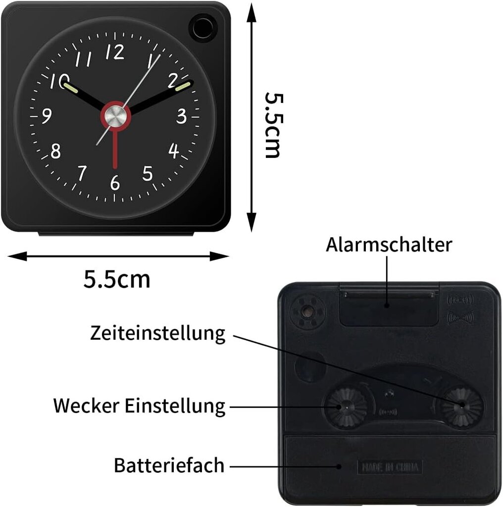 Analoginen herätyskello, tikittävä analoginen herätyskello torkkutoiminnolla ja yövalolla, paristokäyttöinen, hiljainen ja säteilytön, olohuoneeseen, makuuhuoneeseen, toimistoon, matkustamiseen, 5,5 x 2,5 x 5,5 cm (musta) . hinta ja tiedot | Kelloradiot ja herätyskellot | hobbyhall.fi