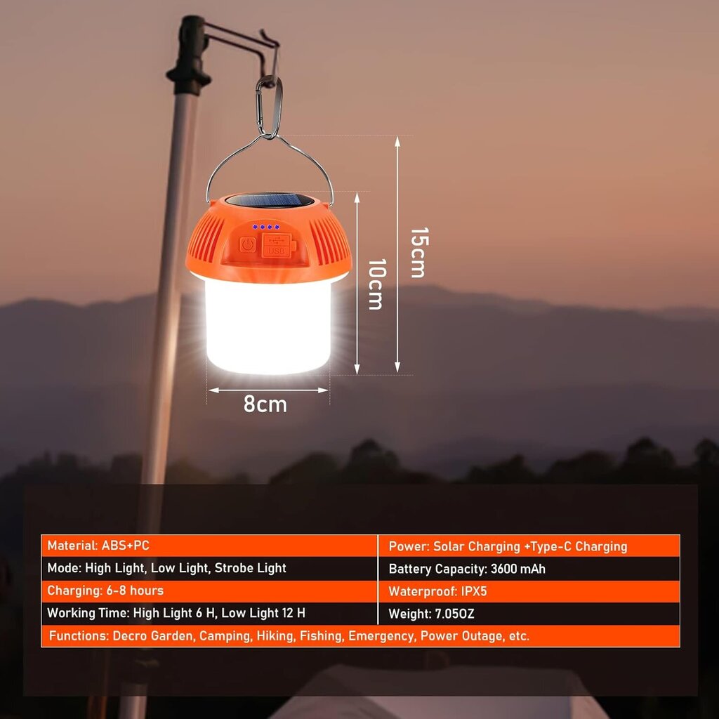 Solar Camping Lyhty, 450 lumenin sienimuotoinen retkeilylyhty, 3 valaistustilaa, vedenpitävä retkeilylyhty, ladattava, soveltuu retkeilyyn, retkeilyyn [energialuokka A+] hinta ja tiedot | Retkilamput | hobbyhall.fi