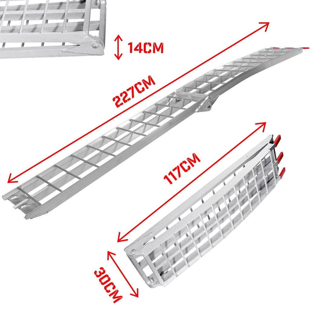 Kulkuramppi 340 kg per ramppi - 2 kpl, alumiininen, taittuva, liukumaton - autojen ja moottoripyörien lastausramppi, kulkusilta, "HB". hinta ja tiedot | Tikkaat | hobbyhall.fi