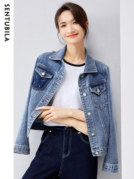 (xL-sininen)Sentubila Casual Loose Denim Jacket Lyhyt farkkutakki Naisten 2024 Uusi Syksyn Vintage Classic Pesty Denim Takki Taskuilla