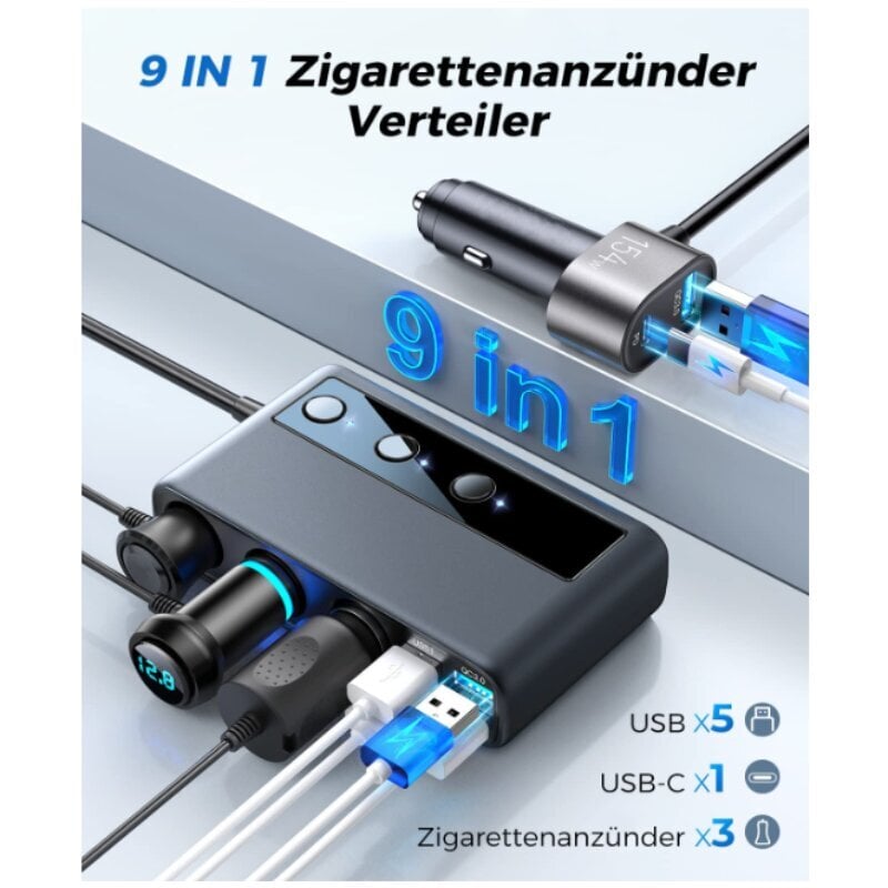 Tupakansytyttimen jakaja, 154 W:n autolaturisovitin, 3-tie 12 V/24 V pistokelatauskaapelin jakaja, 5 USB-porttia älypuhelimelle/iPadille/Dash Camille hinta ja tiedot | Moottoripyörien lisätarvikkeet | hobbyhall.fi