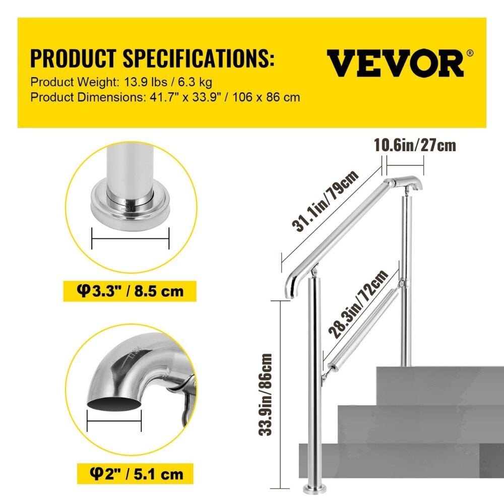 Vevor-portaiden kaide, 106x86 cm, 2-3 askelta hinta ja tiedot | Portaat | hobbyhall.fi