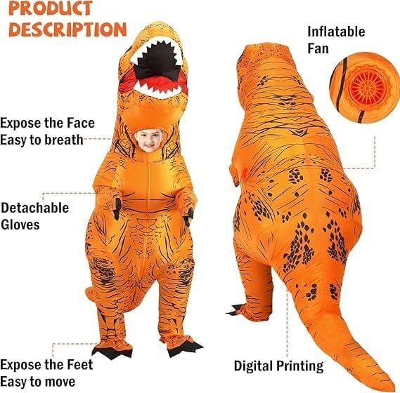 Lasten ja aikuisten dinosauruksen puhallettava roolileikkiasu Tyrannosaurus Rex -anime sarjakuvajuhlapuku Halloween-asu, oranssi - lapset 120-140 cm hinta ja tiedot | Joulukoristeet | hobbyhall.fi