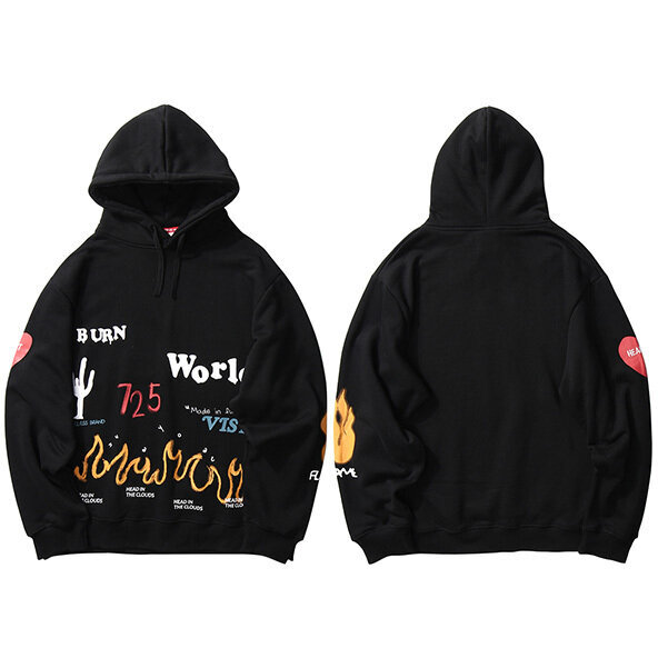 (A31W2179 Black-M）Harajuku Huppari Huppari Miesten Streetwear Fire Flame Graffiti Hip Hop hinta ja tiedot | Miesten puserot ja hupparit | hobbyhall.fi