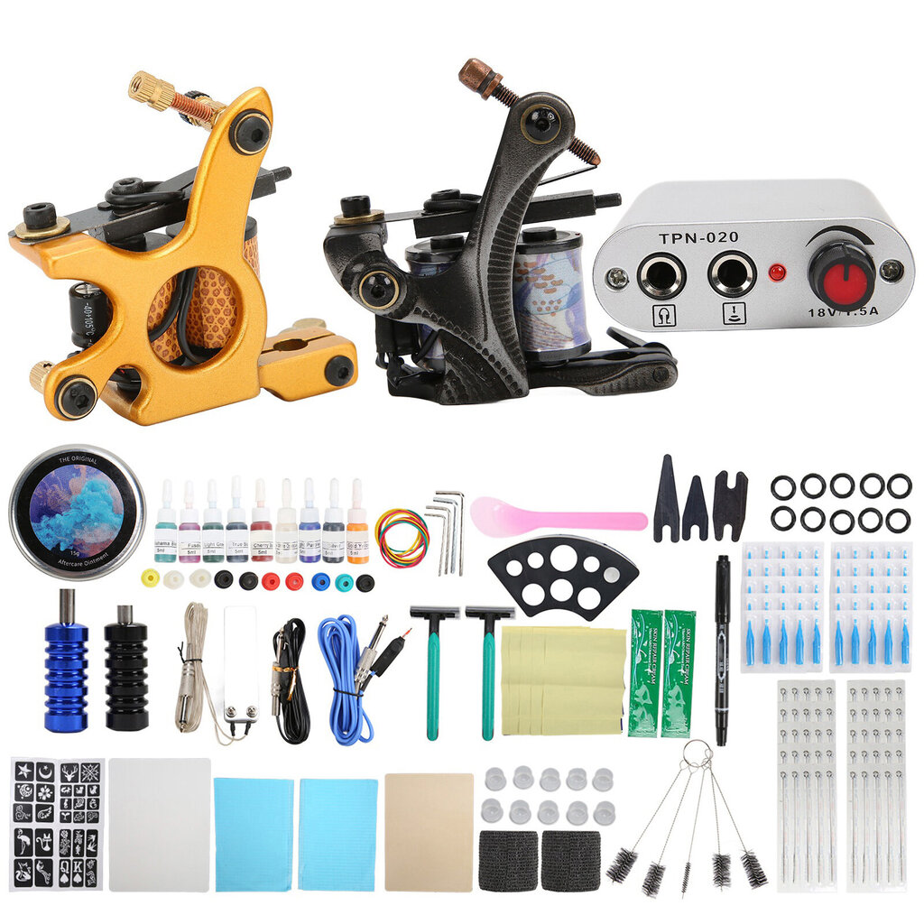 Coil Tattoo Machine Kit Virtalähde Tatuoinnin siirtopaperi Jalkapoljin Novice Tattoo Tool Set (90-265V) EU Plug hinta ja tiedot | Manikyyri- ja pedikyyritarvikkeet | hobbyhall.fi